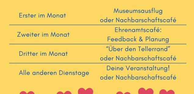 Jeden Dienstag ein anderes Programm güt Gäste und Ehrenamtliche - mach mit! koche! führe uns durch ein Museum! oder bring deine eigene Veranstaltung mit